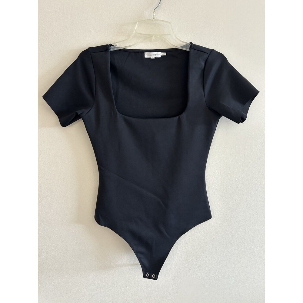 Good American Bodysuit Womens Size 2 Black Short Sleeve Square Neck